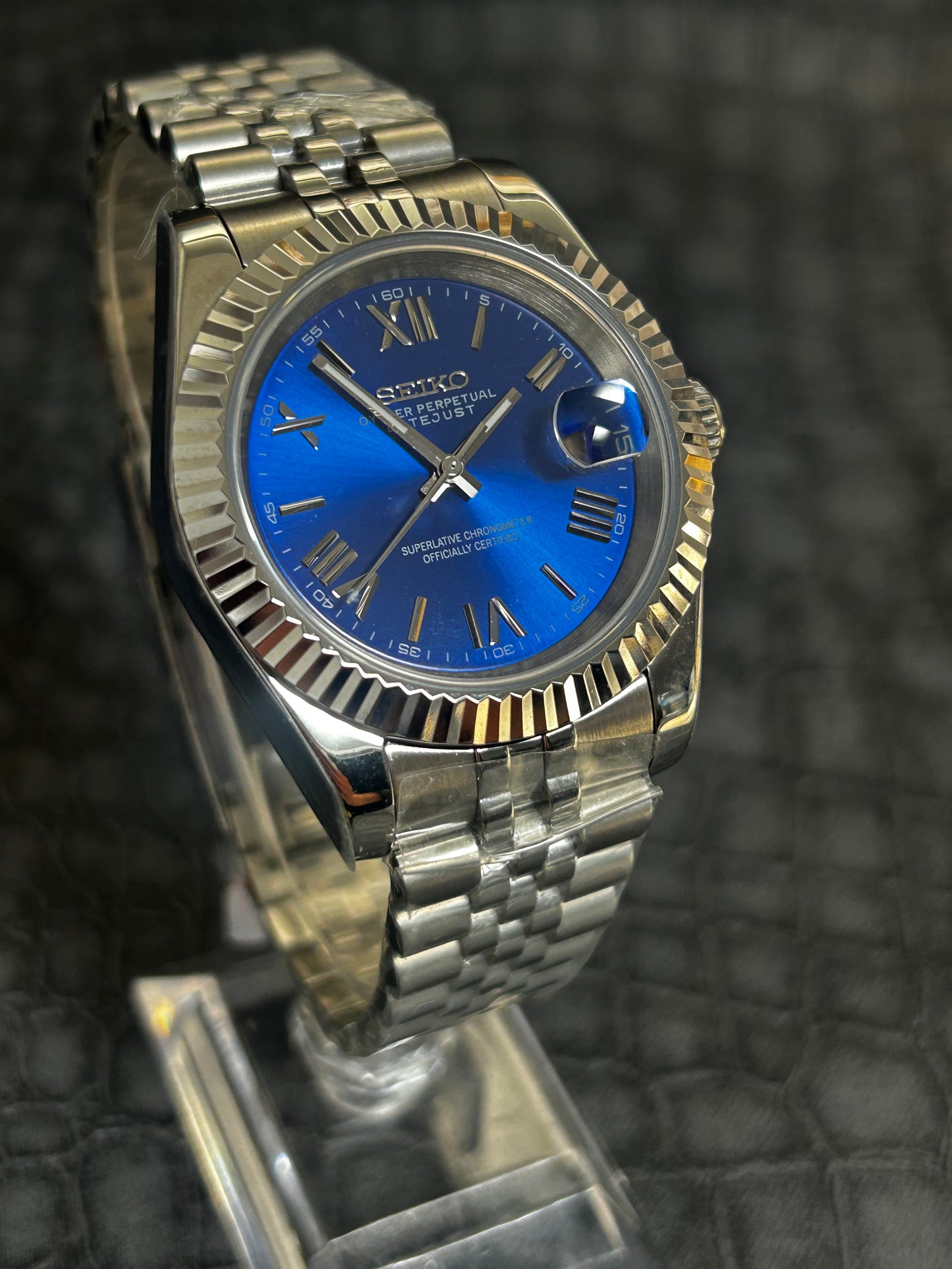 Seiko mod Midnight blue holographic Roman dial Presidential custom watch