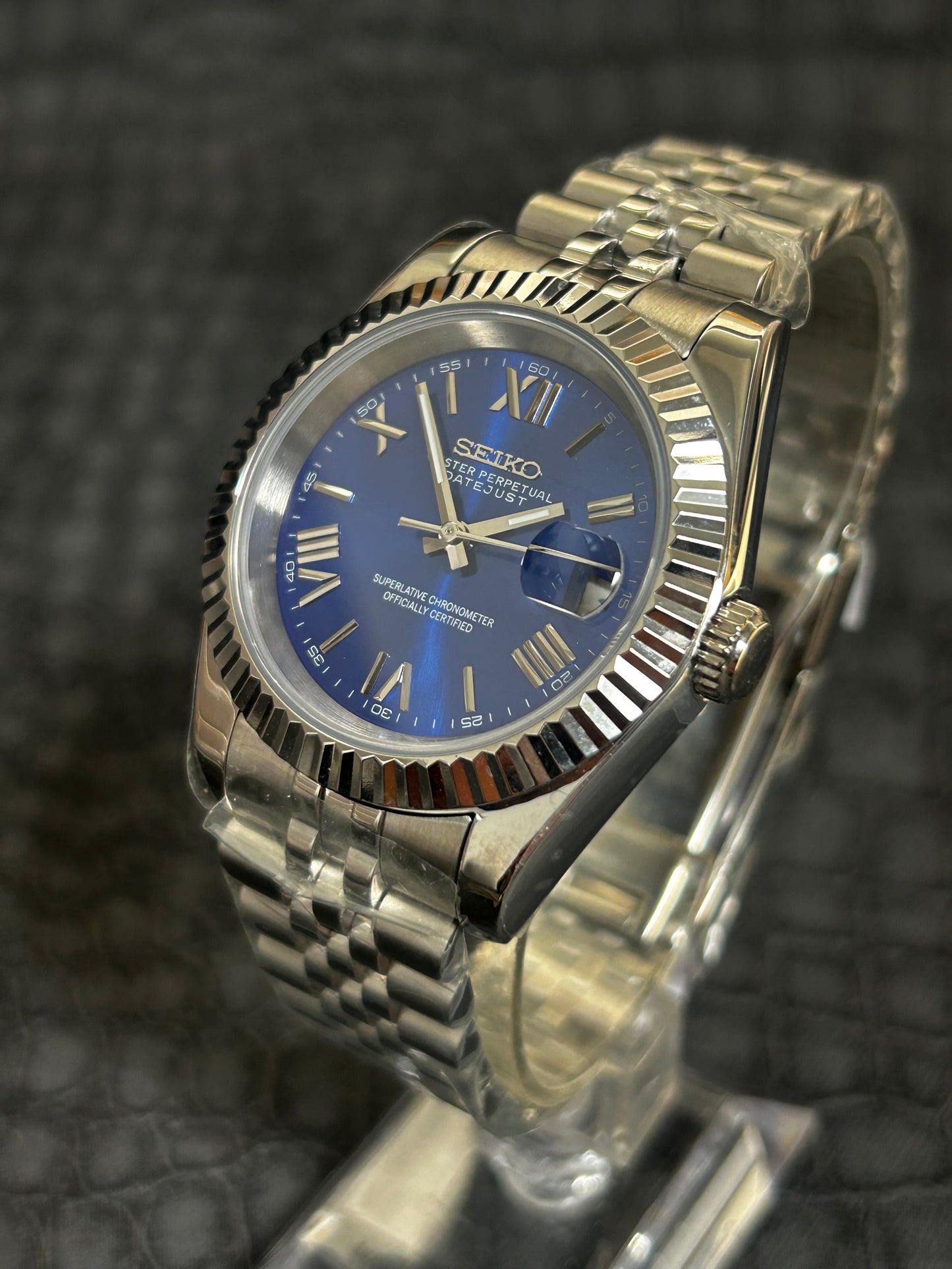 Seiko mod Midnight blue holographic Roman dial Presidential custom watch
