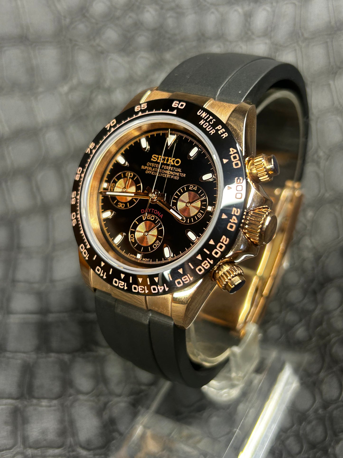 Seikotona rose gold black watch oyster flex strap