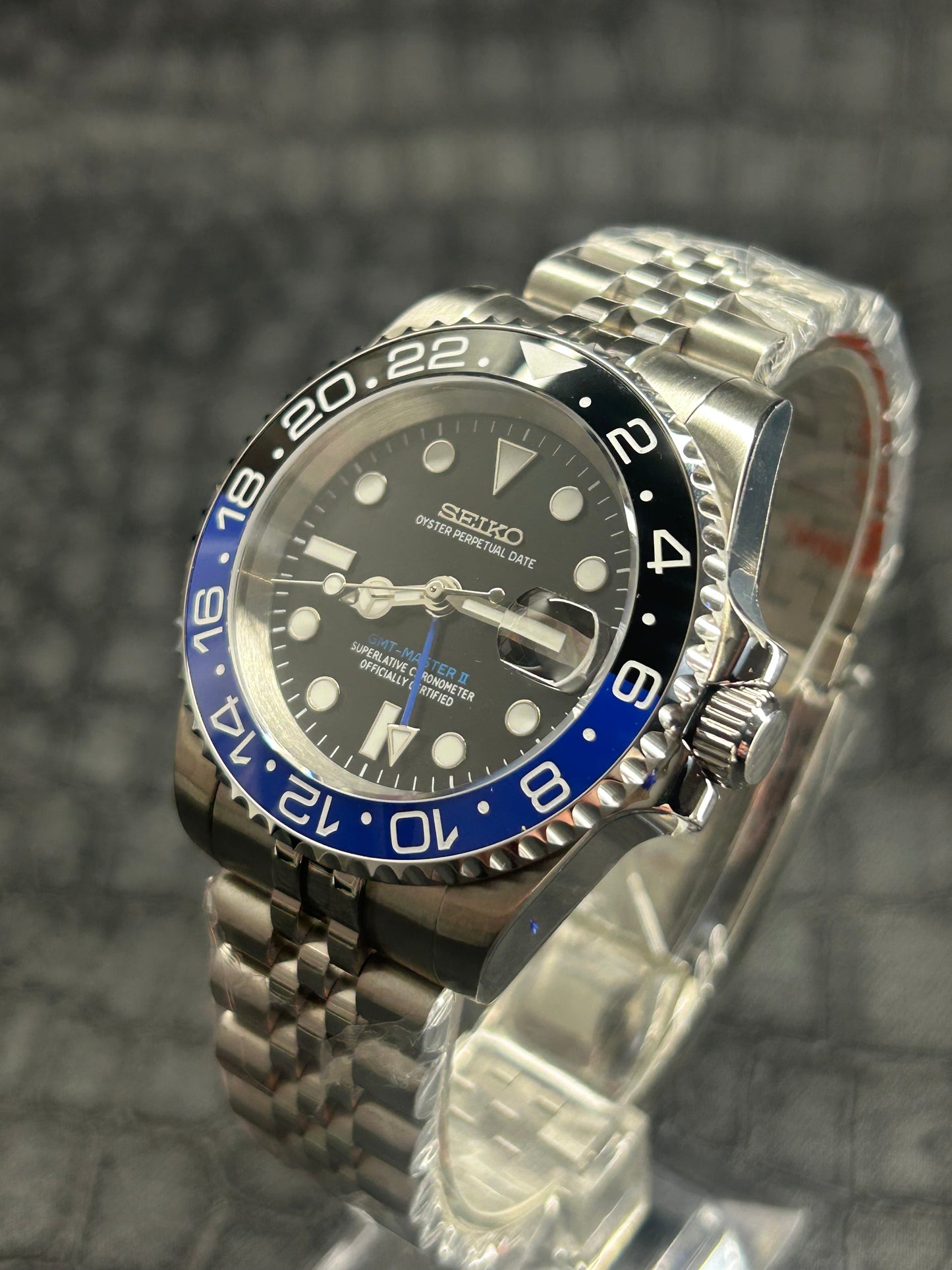Seiko mod Batman, Batgirl Jubilee GMT Open Back Stainless Steel Watch