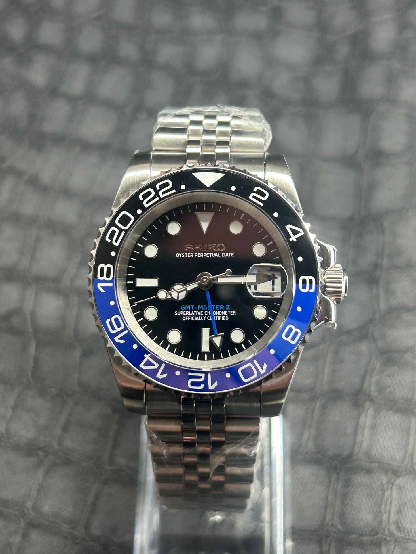 Seiko mod Batman, Batgirl Jubilee GMT Open Back Stainless Steel Watch