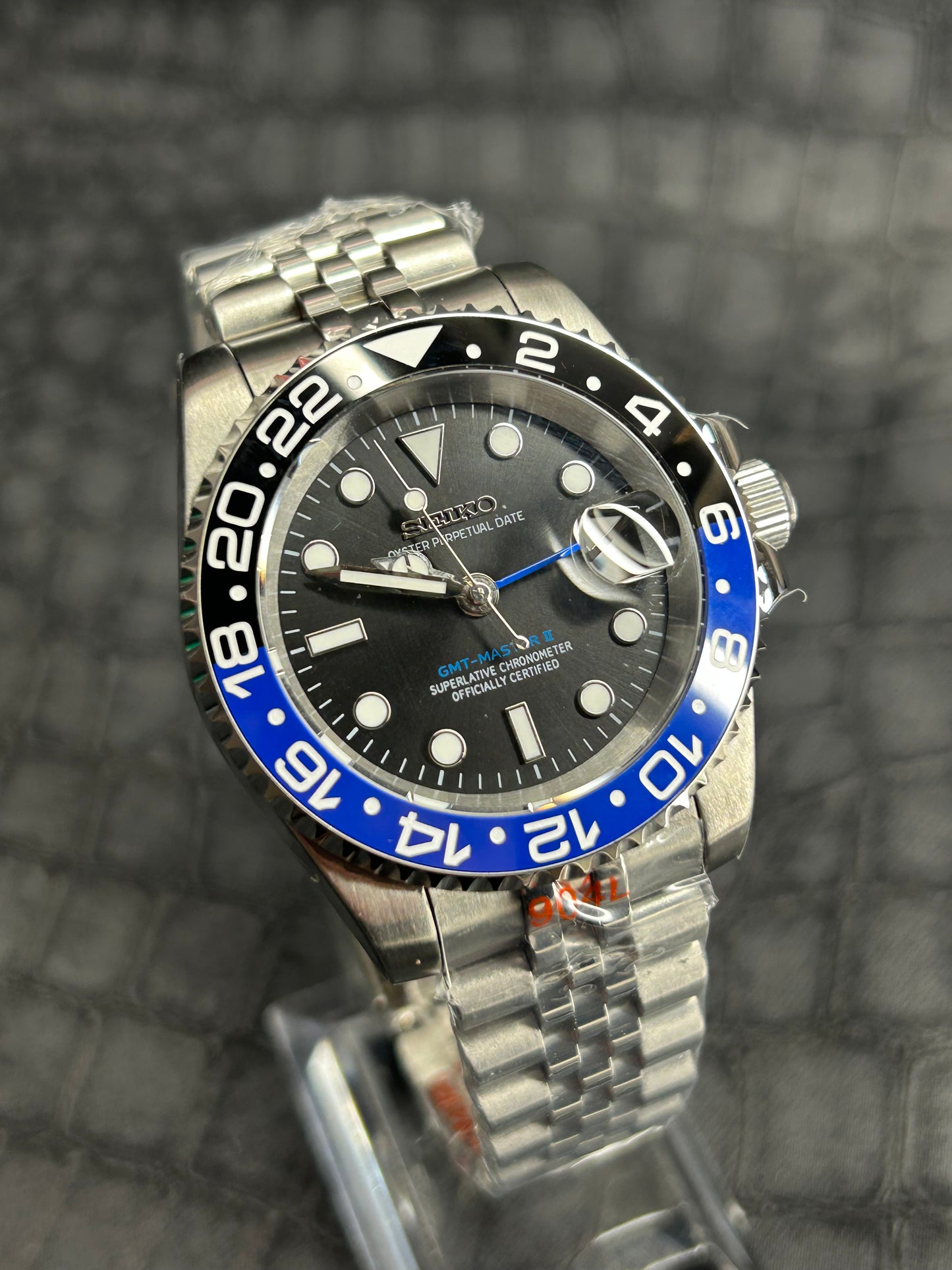 Seiko mod Batman, Batgirl Jubilee GMT Open Back Stainless Steel Watch