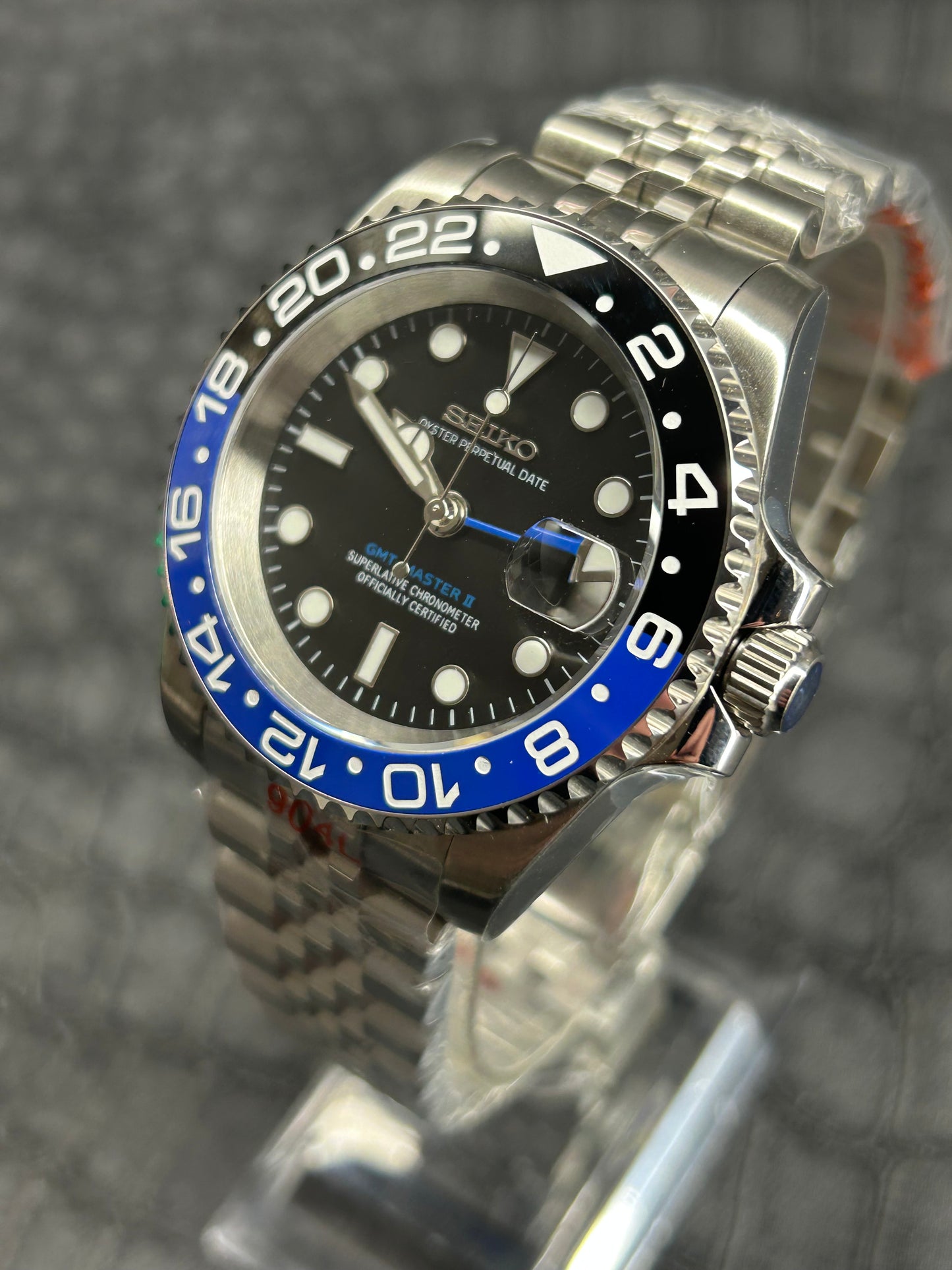 Seiko mod Batman, Batgirl Jubilee GMT Open Back Stainless Steel Watch