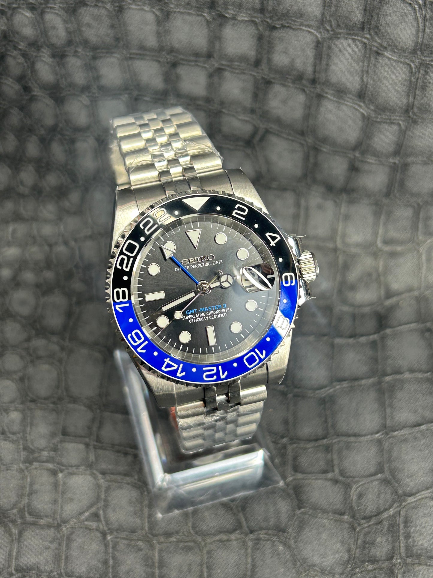 Seiko mod Batman, Batgirl Jubilee GMT Open Back Stainless Steel Watch