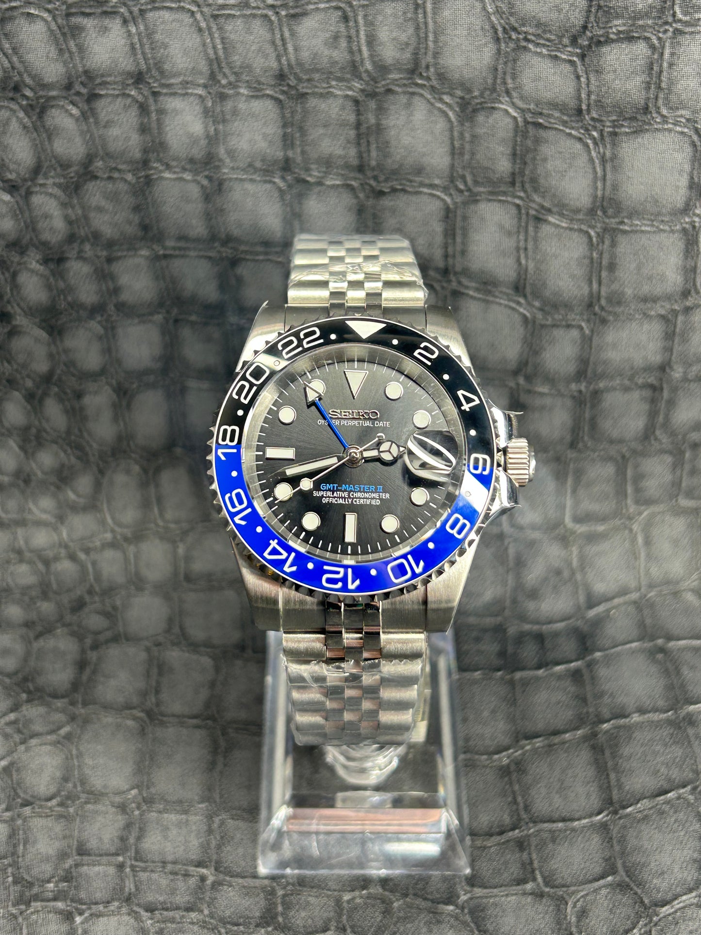 Seiko mod Batman, Batgirl Jubilee GMT Open Back Stainless Steel Watch