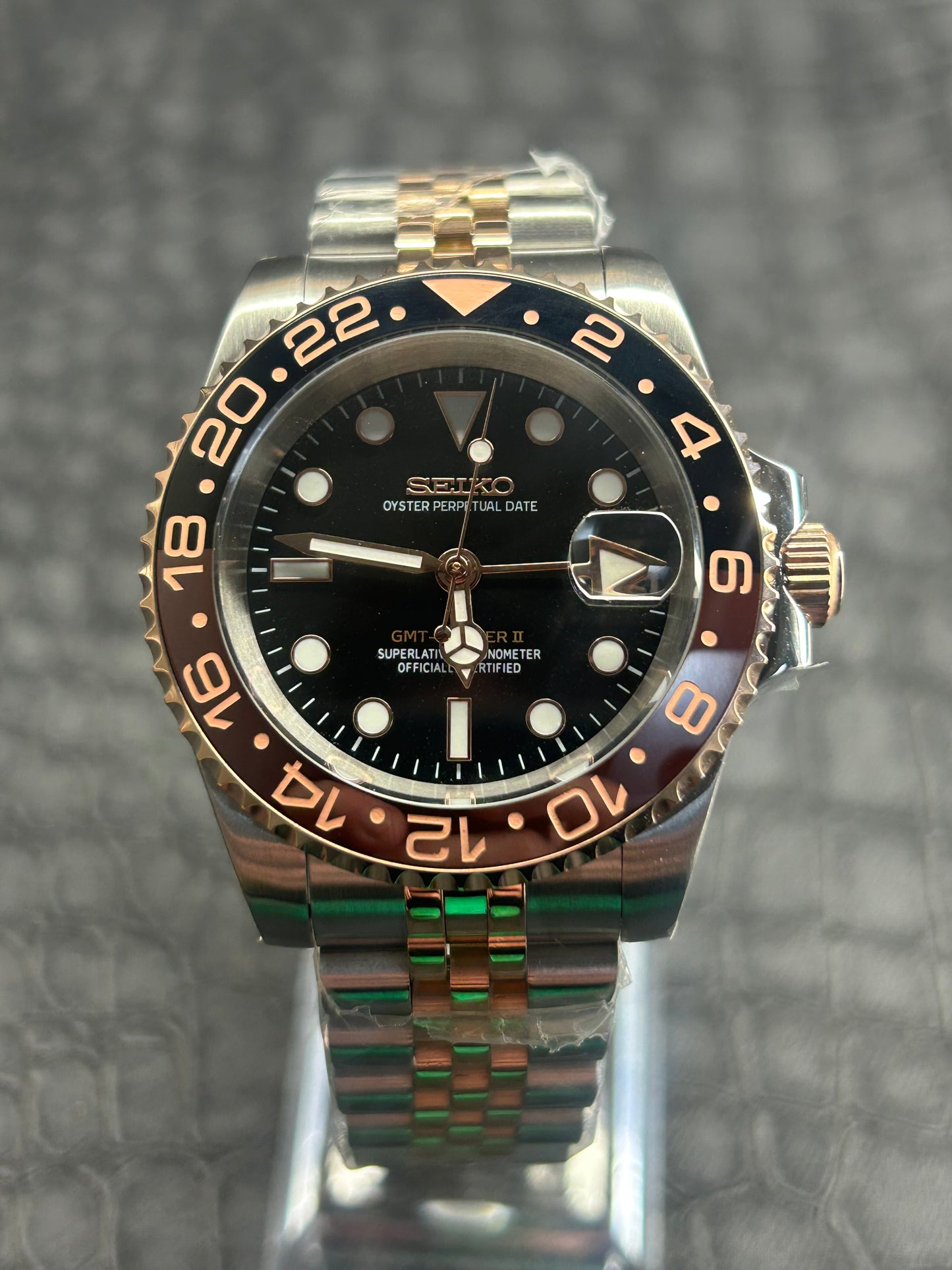 Seiko mod Rootbeer 2Tone GMT rose gold jubilee stainless steel