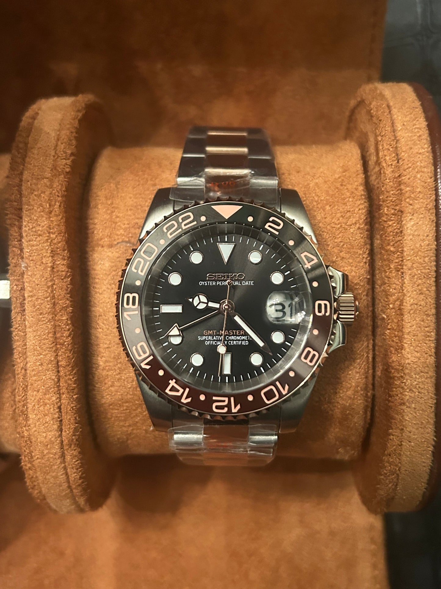 Seiko mod Rootbeer 2Tone GMT oyster rose gold stainless steel