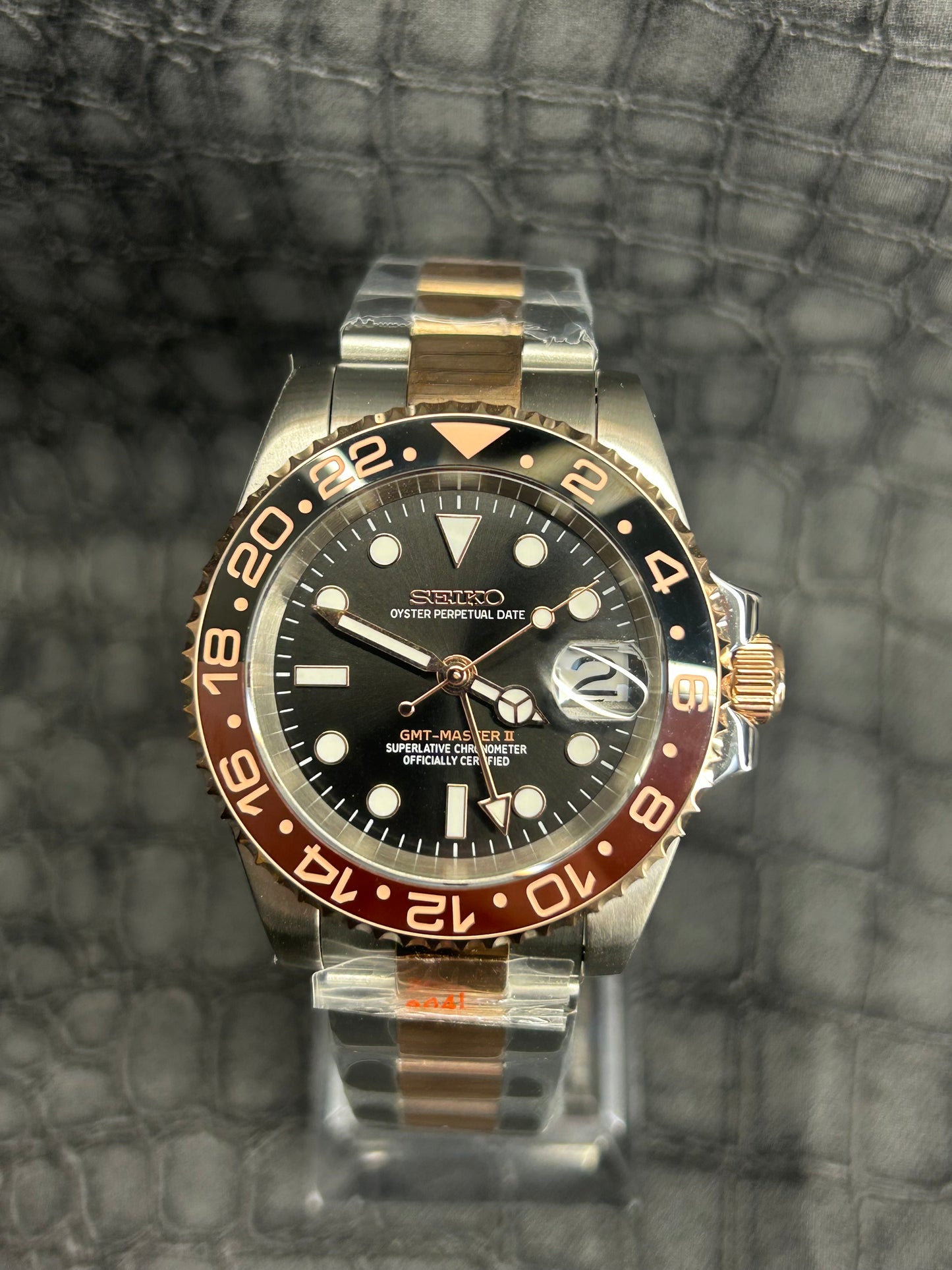 Seiko mod Rootbeer 2Tone GMT oyster rose gold stainless steel