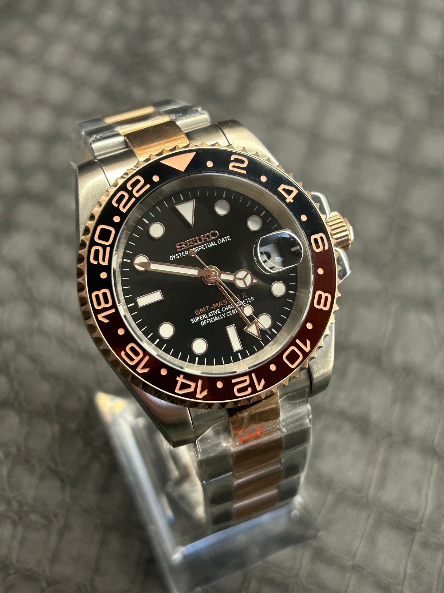 Seiko mod Rootbeer 2Tone GMT oyster rose gold stainless steel