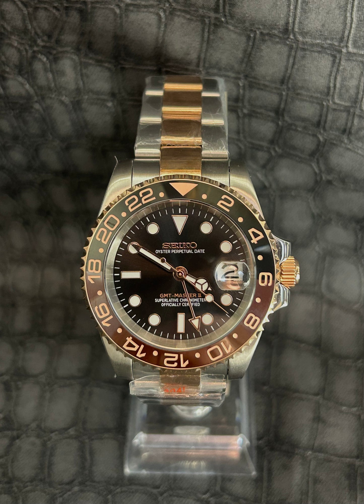 Seiko mod Rootbeer 2Tone GMT oyster rose gold stainless steel