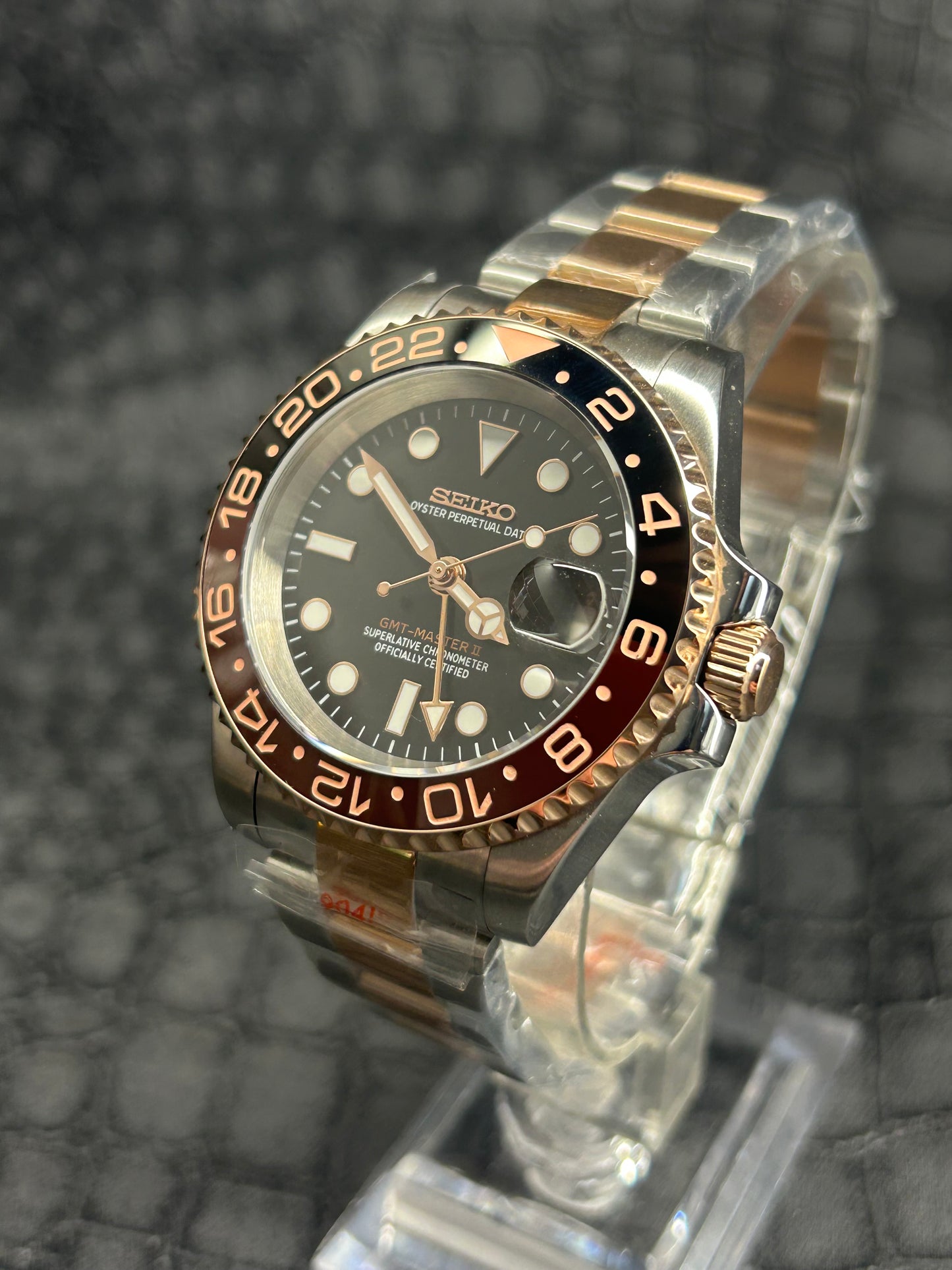 Seiko mod Rootbeer 2Tone GMT oyster rose gold stainless steel