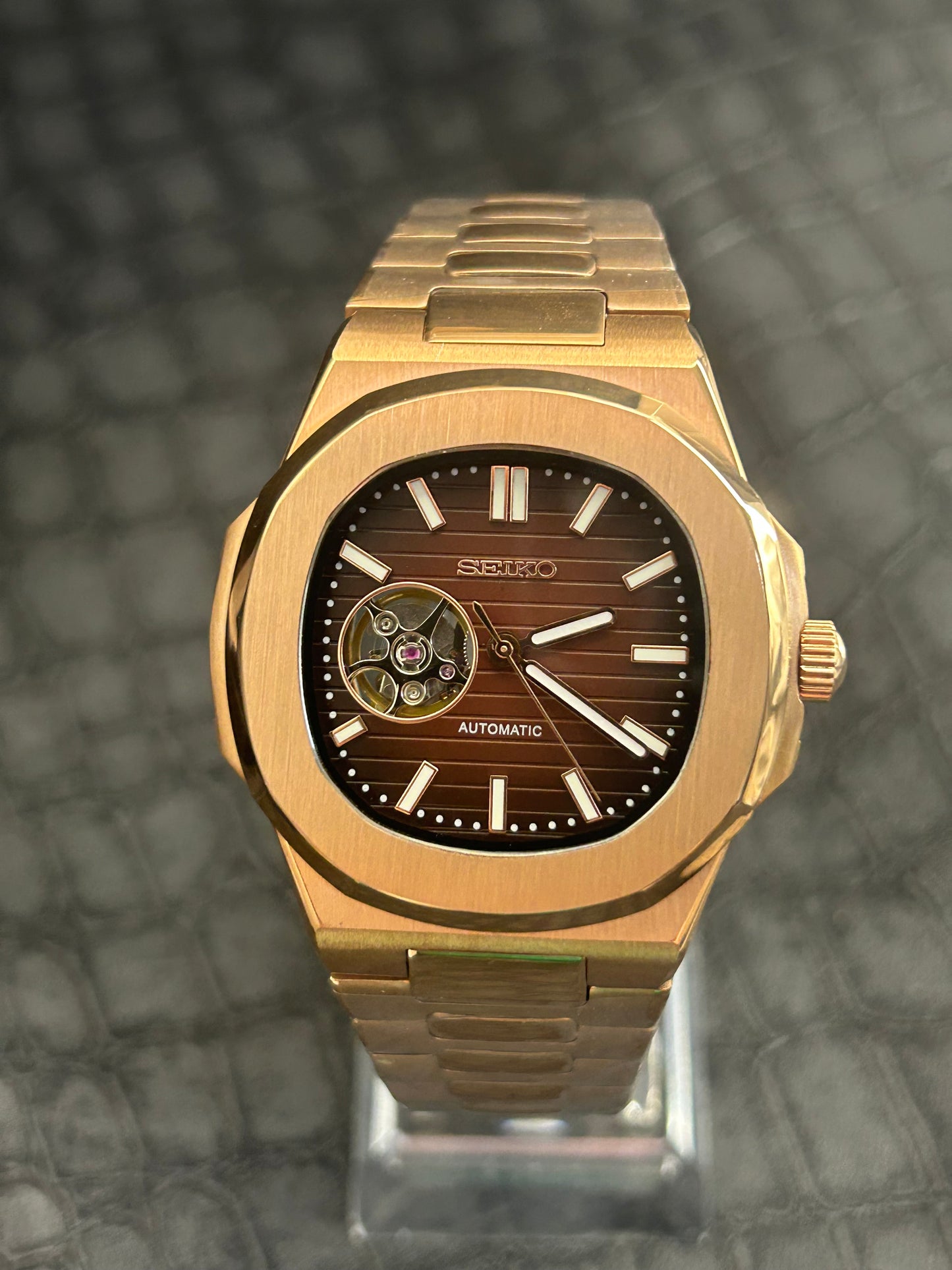 Seiko mod Nautiko Rose Gold Open Heart Chocolate Dial