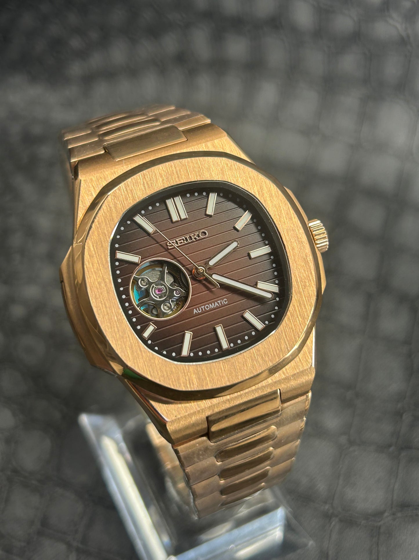 Seiko mod Nautiko Rose Gold Open Heart Chocolate Dial