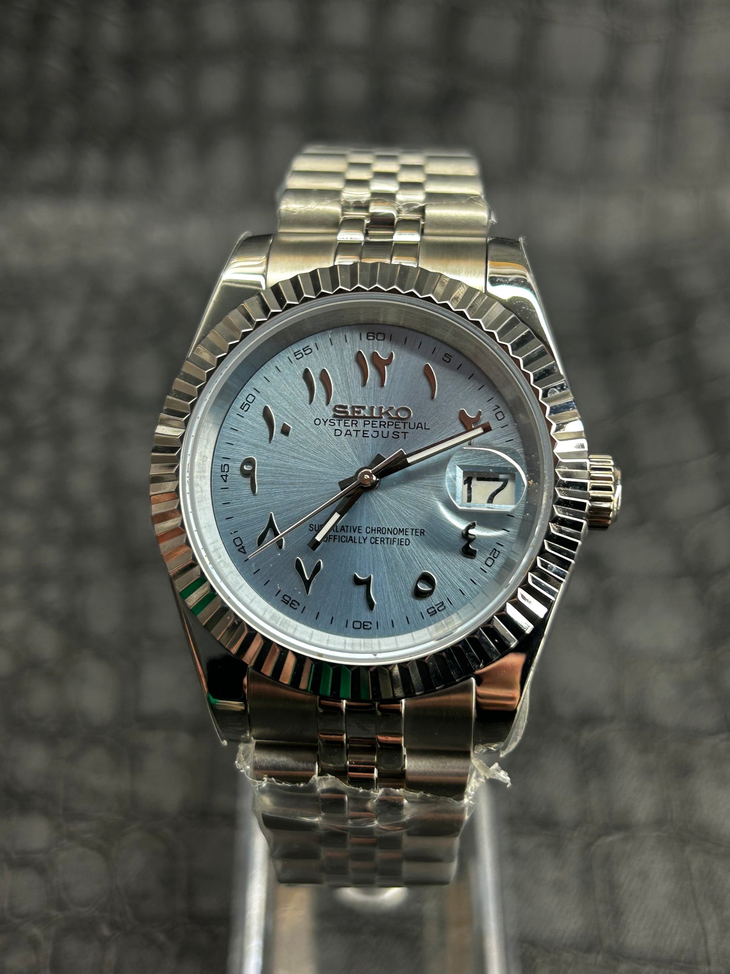 Seiko mod blue light blue turquoise Arabic Custom Dial Watch