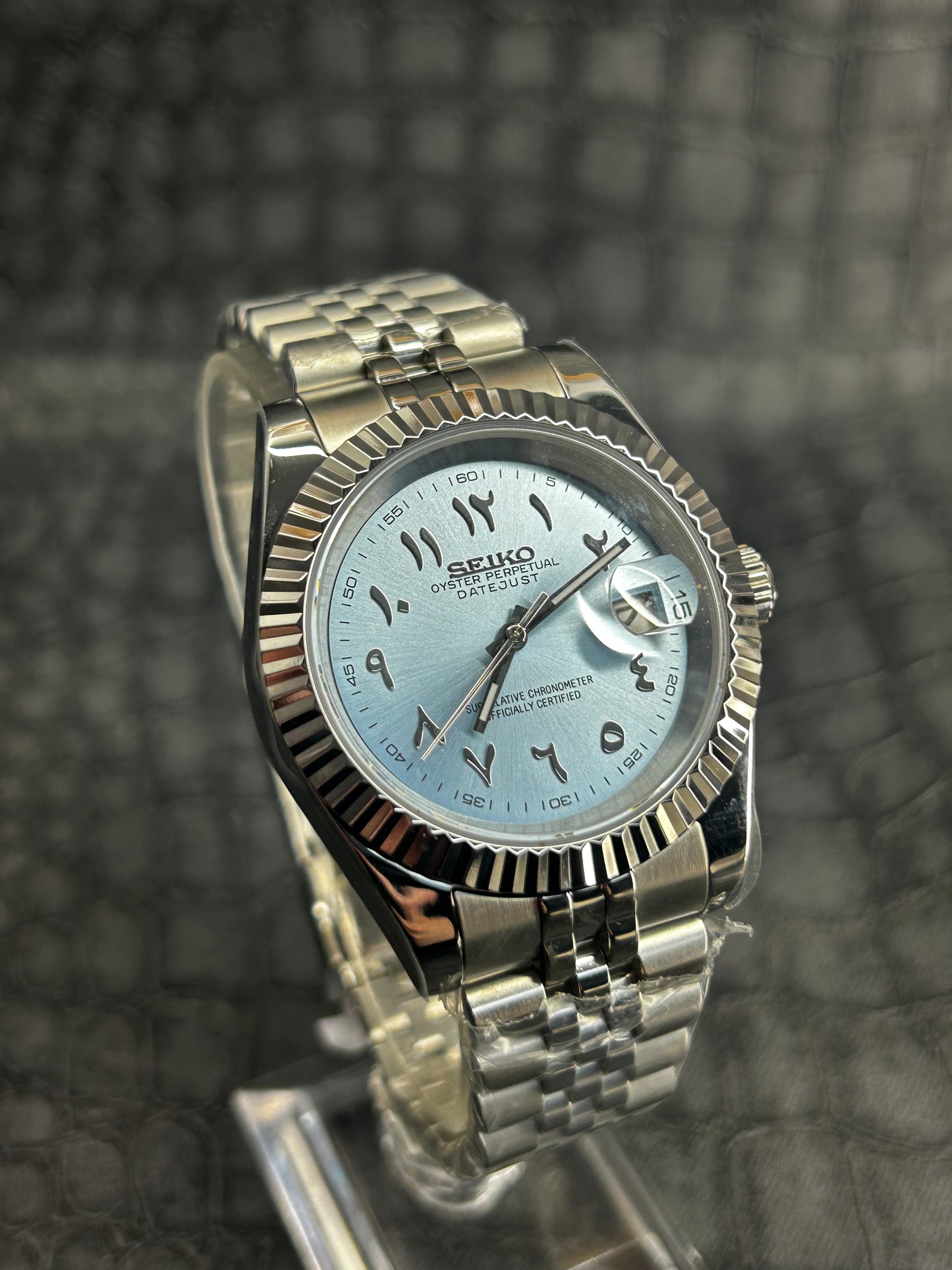 Seiko mod blue light blue turquoise Arabic Custom Dial Watch