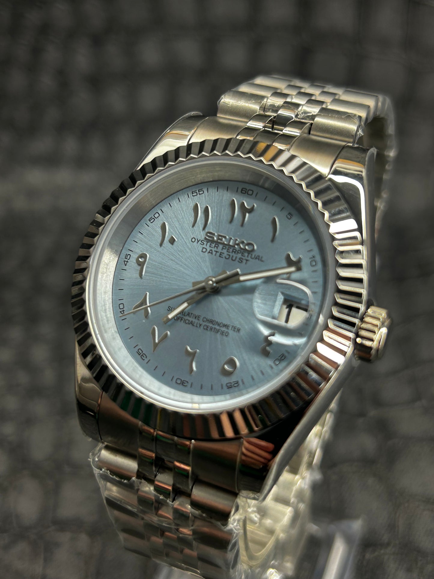 Seiko mod blue light blue turquoise Arabic Custom Dial Watch
