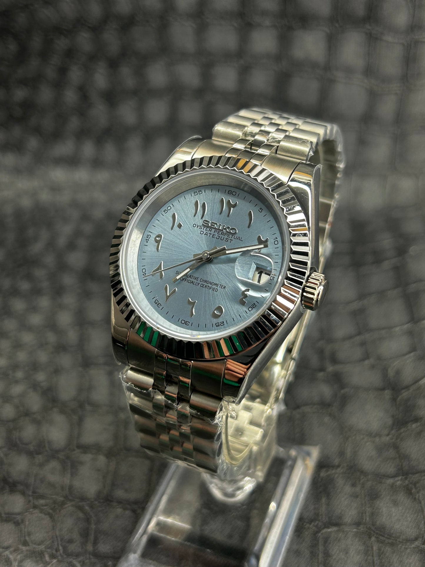 Seiko mod blue light blue turquoise Arabic Custom Dial Watch