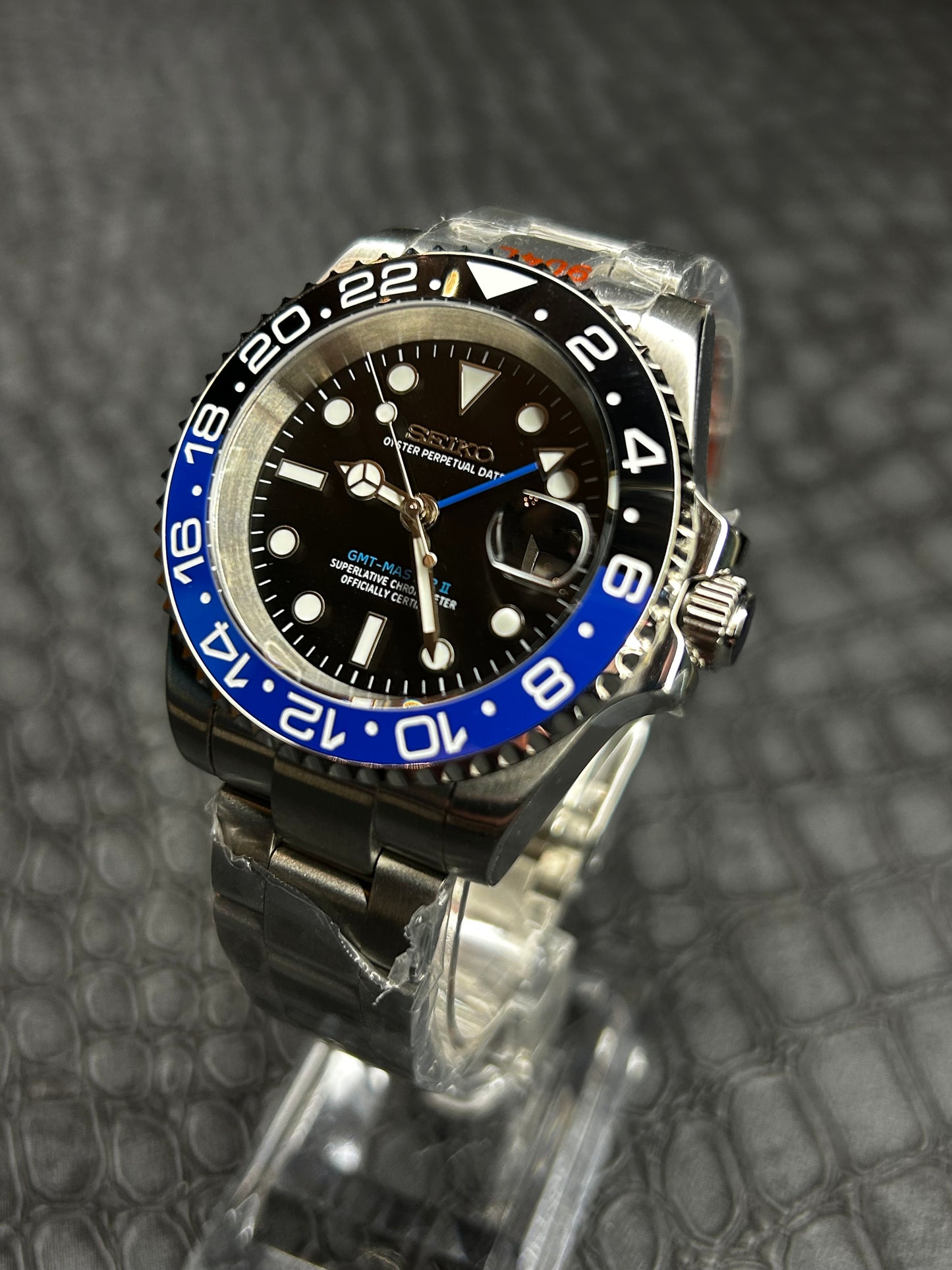 Seiko mod Batman Oyster GMT Open Back Stainless Steel Watch