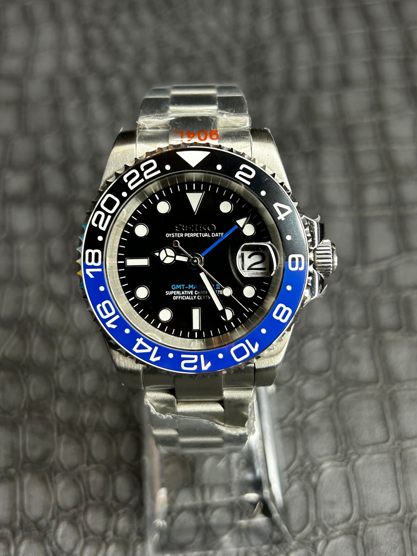 Seiko mod Batman Oyster GMT Open Back Stainless Steel Watch