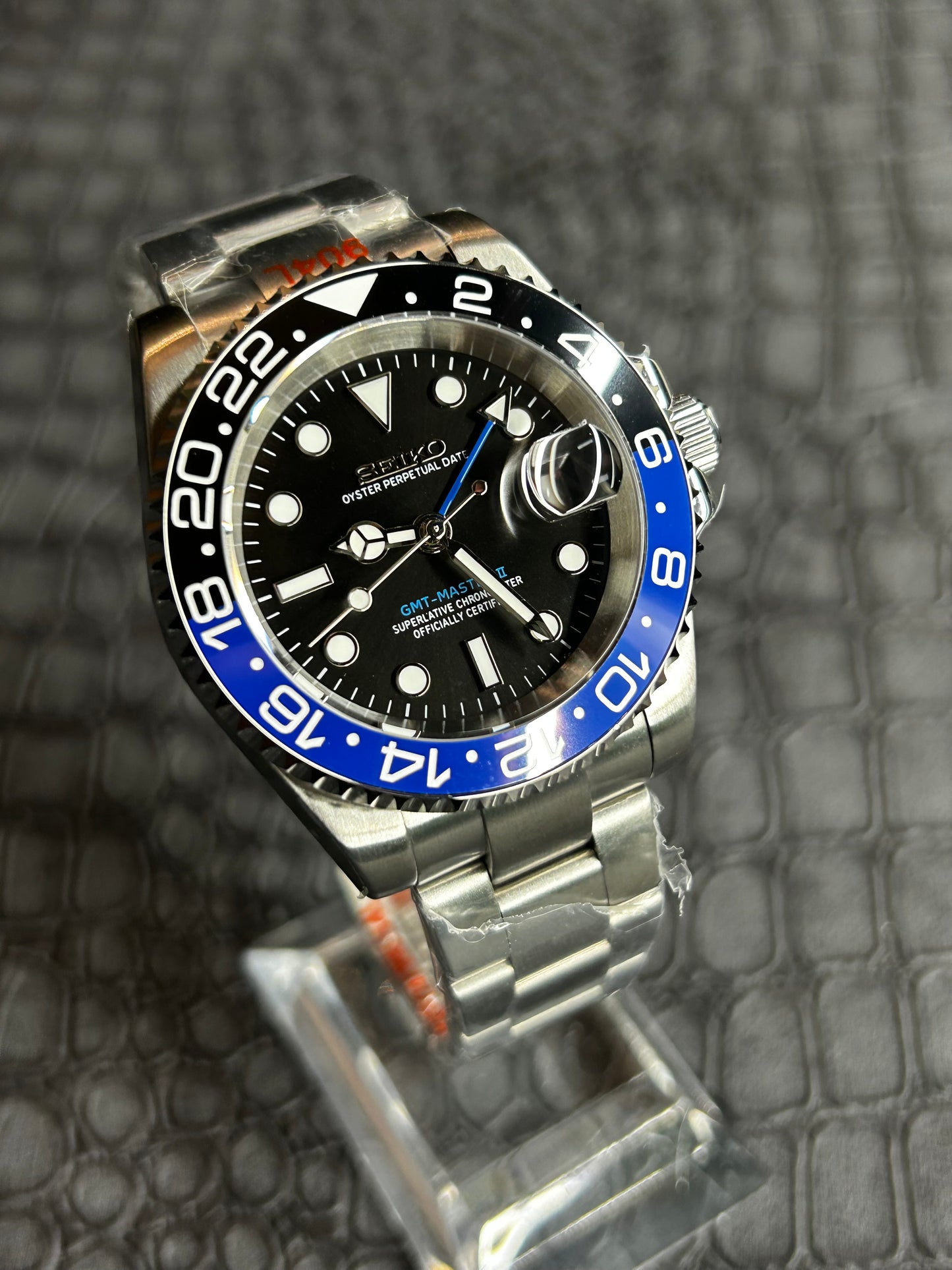 Seiko mod Batman Oyster GMT Open Back Stainless Steel Watch