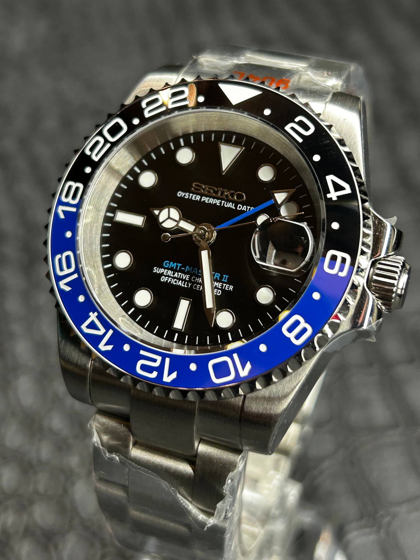 Seiko mod Batman Oyster GMT Open Back Stainless Steel Watch