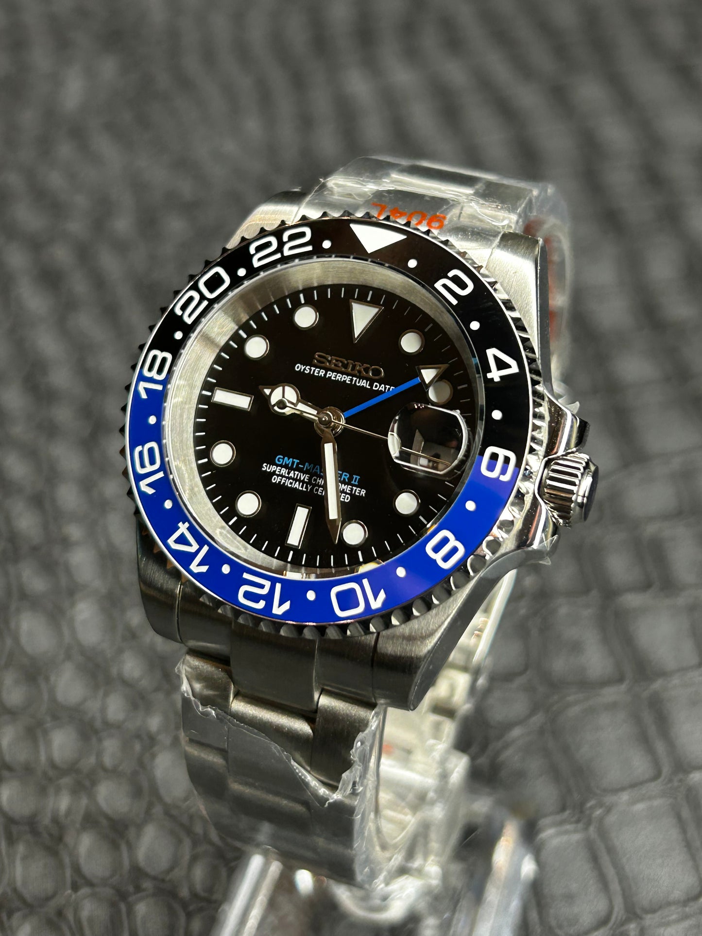 Seiko mod Batman Oyster GMT Open Back Stainless Steel Watch