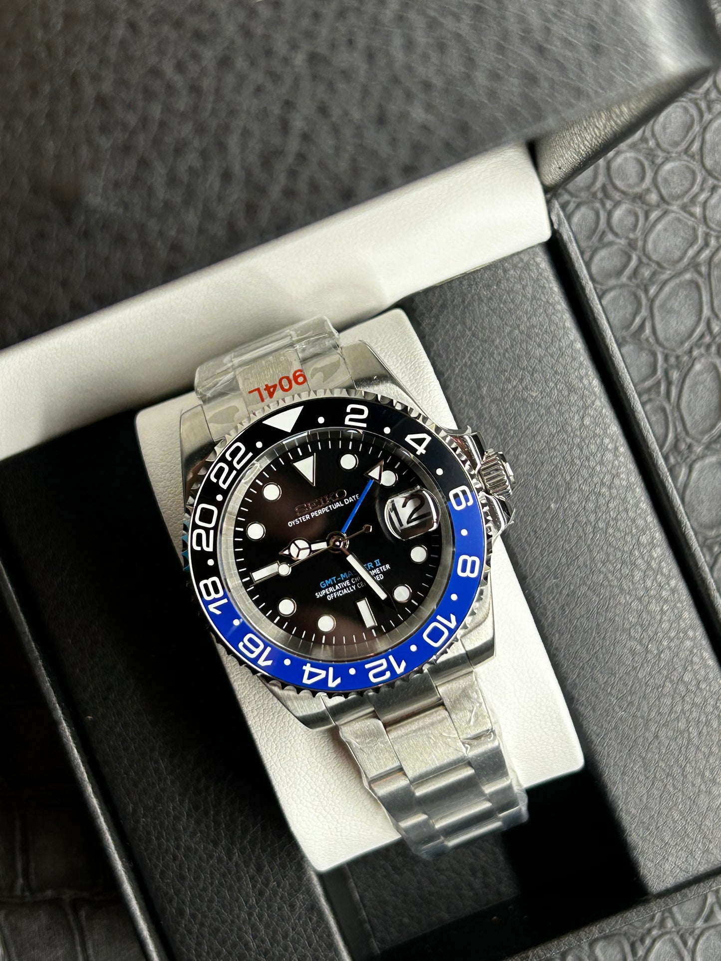 Seiko mod Batman Oyster GMT Open Back Stainless Steel Watch