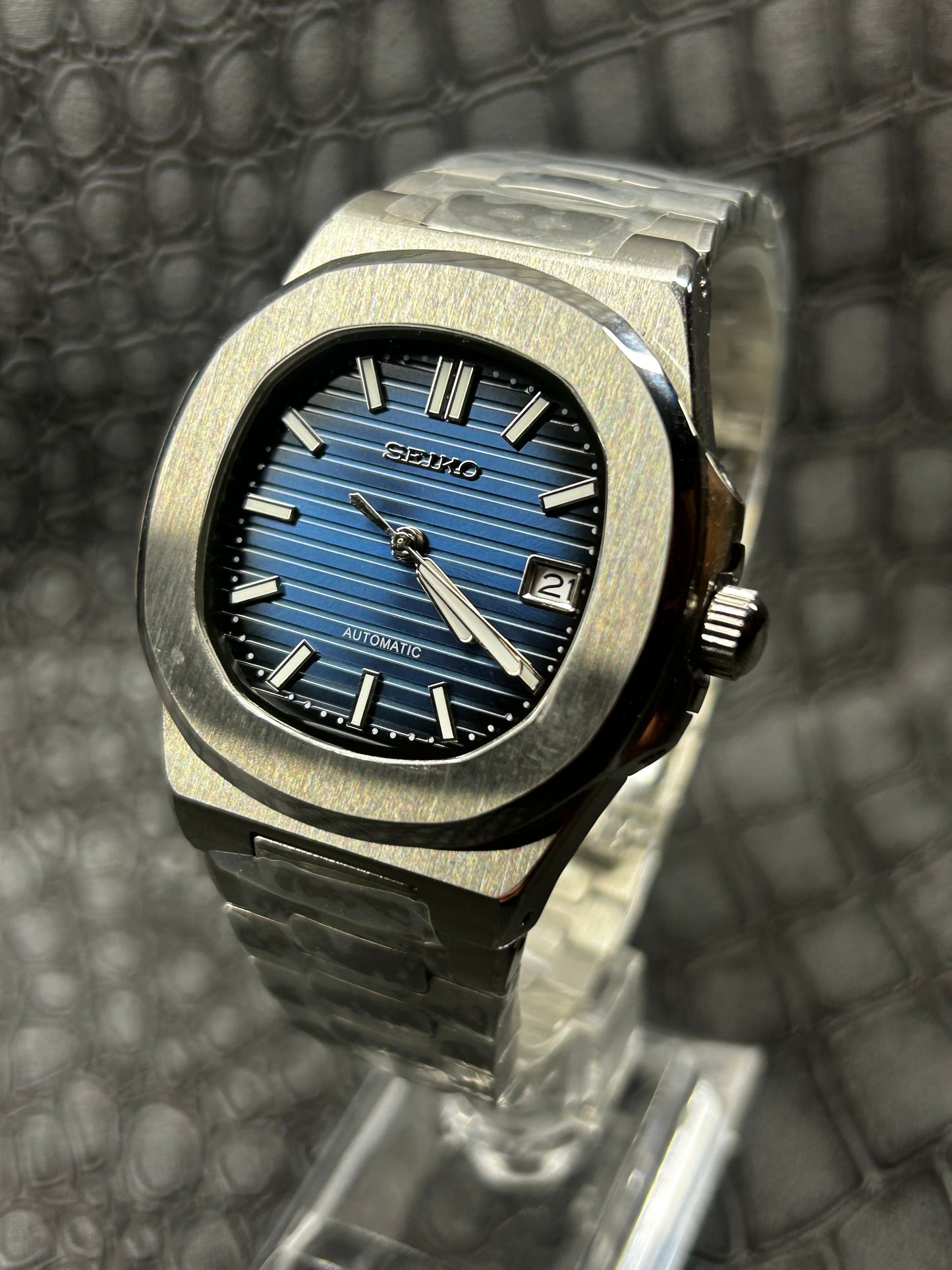 Seiko Mod Blue And Black Nautiko Open Back Stainless Steel