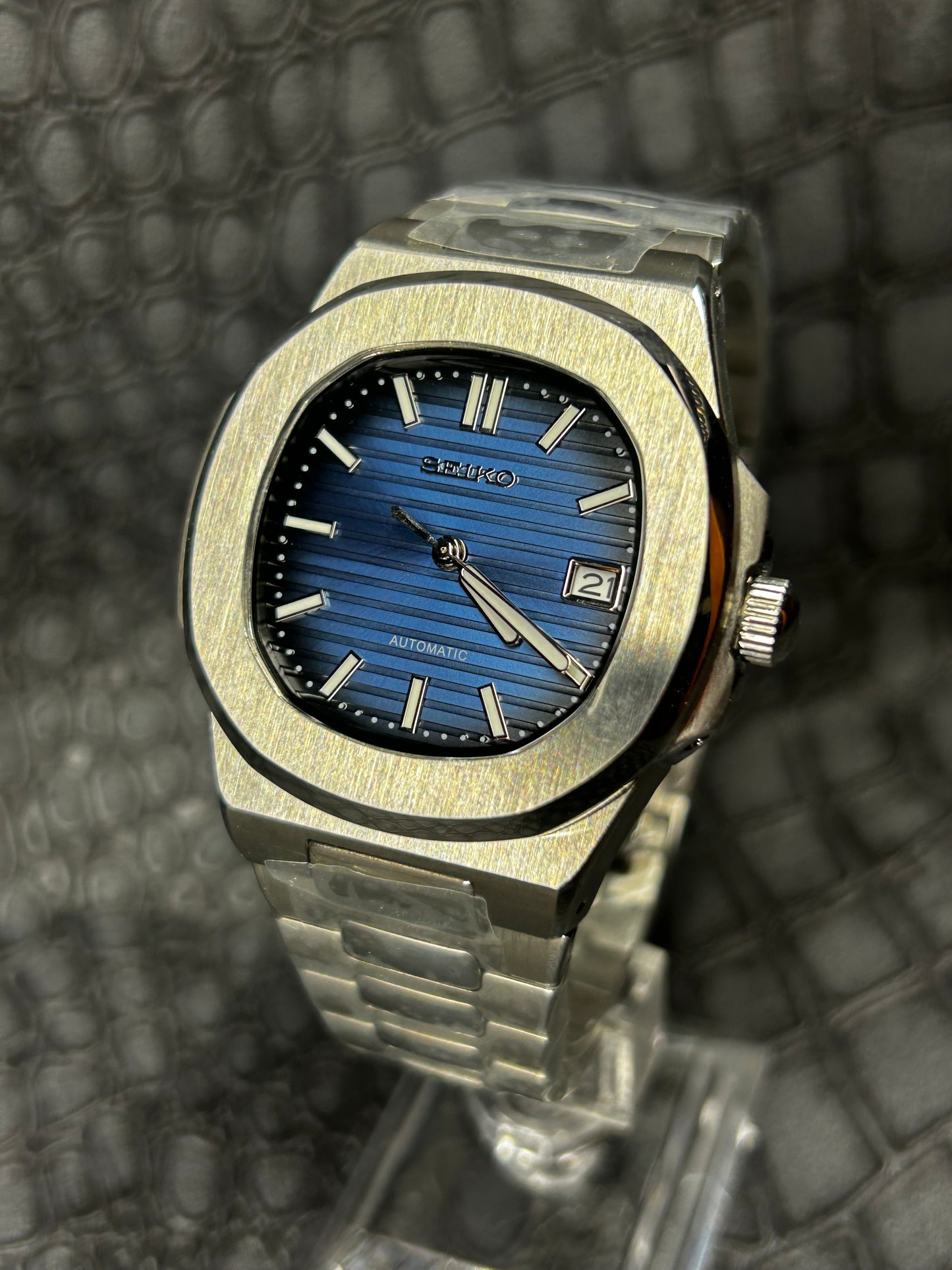 Seiko Mod Blue And Black Nautiko Open Back Stainless Steel