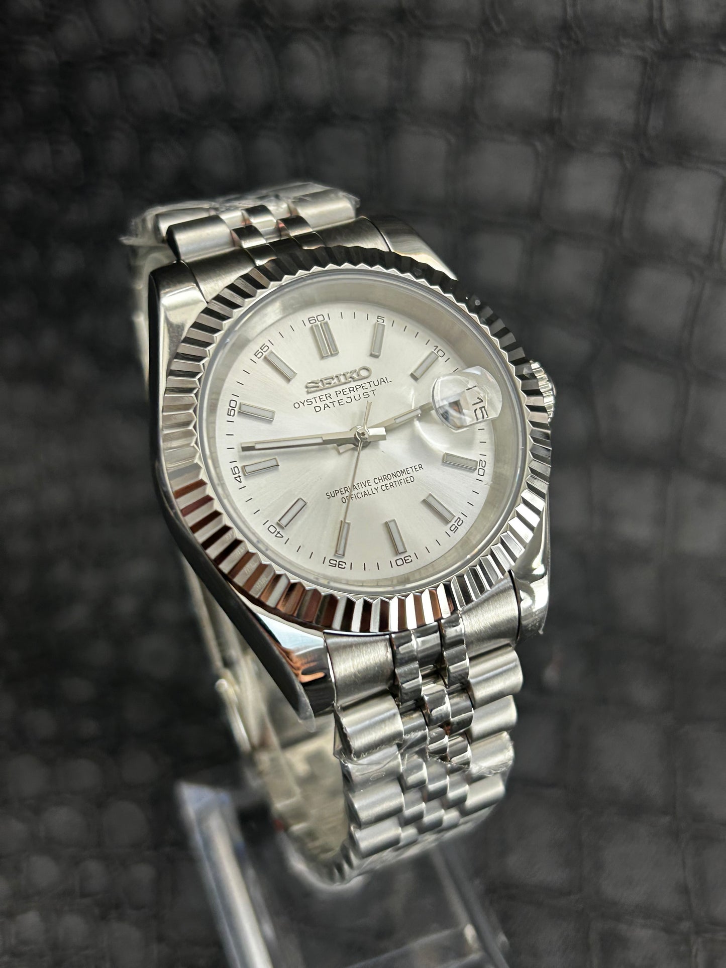 Seikojust mod silver white oyster perpetual seikojust dial jubilee open back