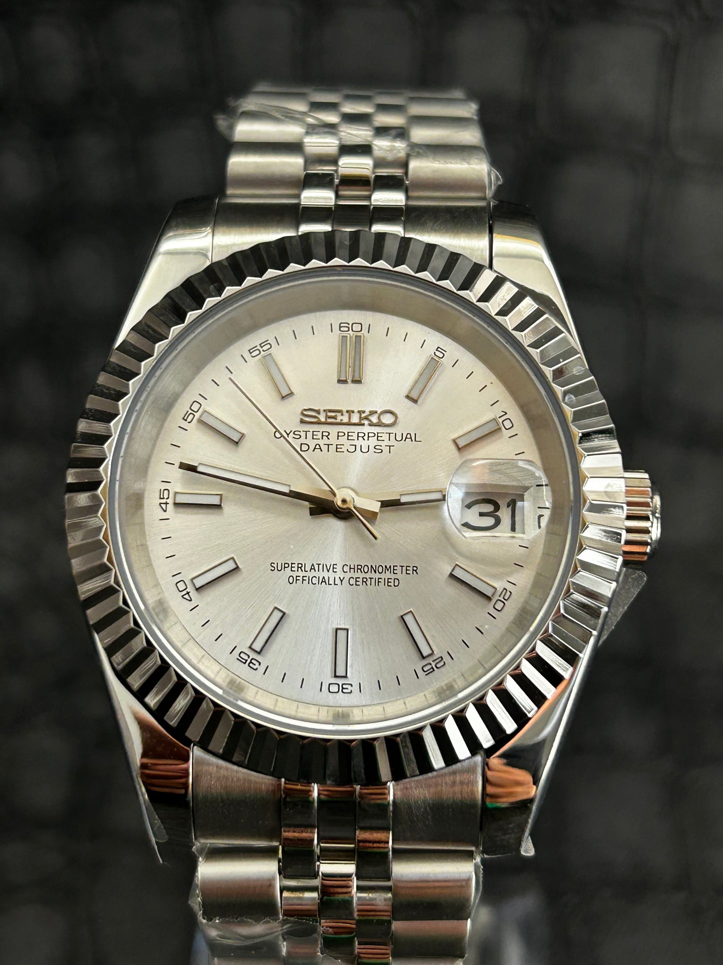 Seikojust mod silver white oyster perpetual seikojust dial jubilee open back