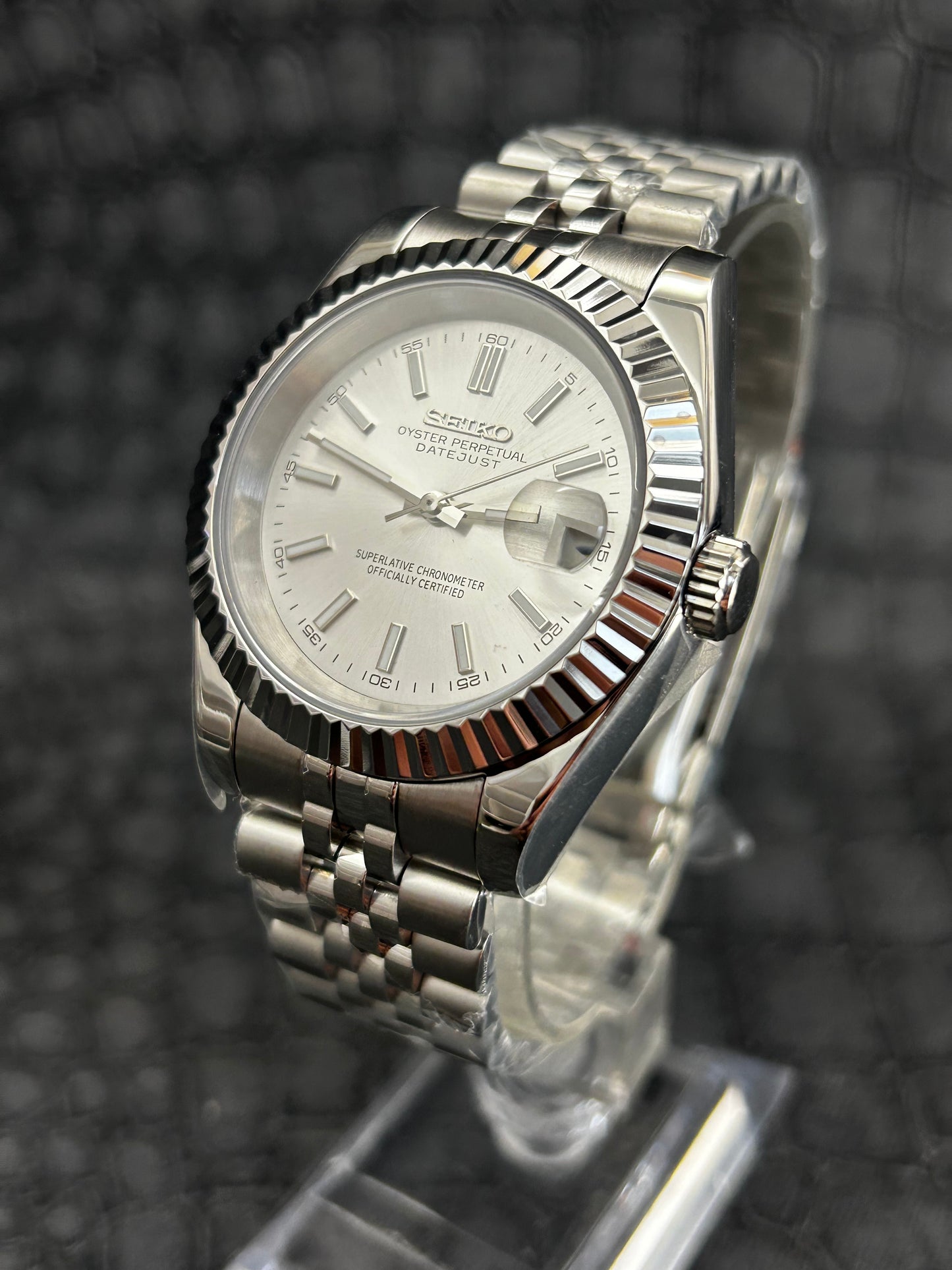 Seikojust mod silver white oyster perpetual seikojust dial jubilee open back