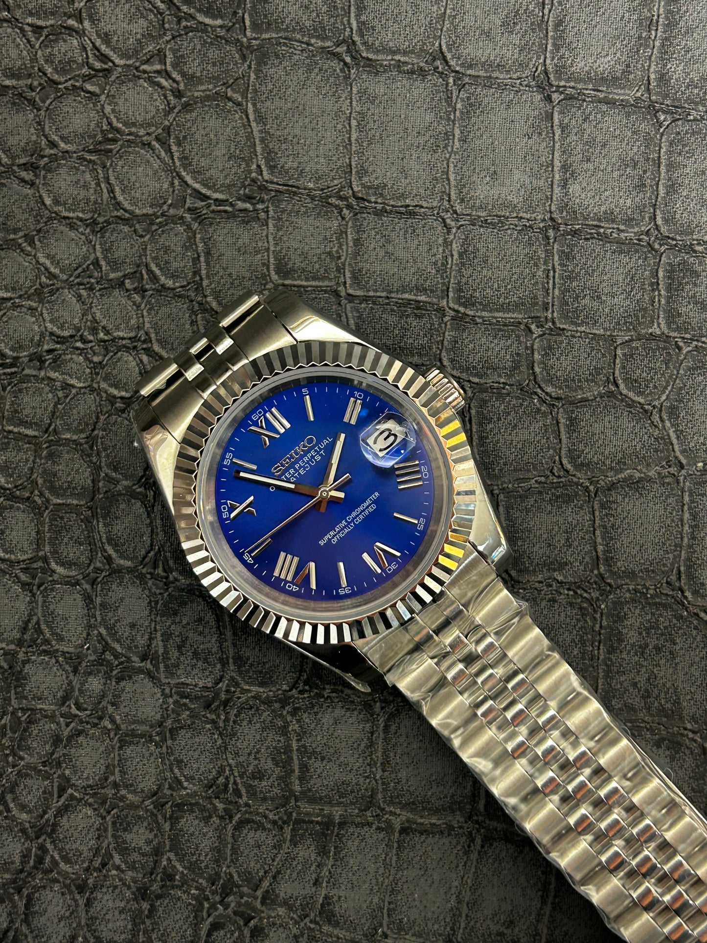 Seiko mod Midnight blue holographic Roman dial Presidential custom watch