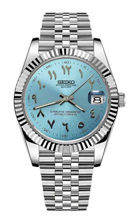 Seiko mod blue light blue turquoise Arabic Custom Dial Watch