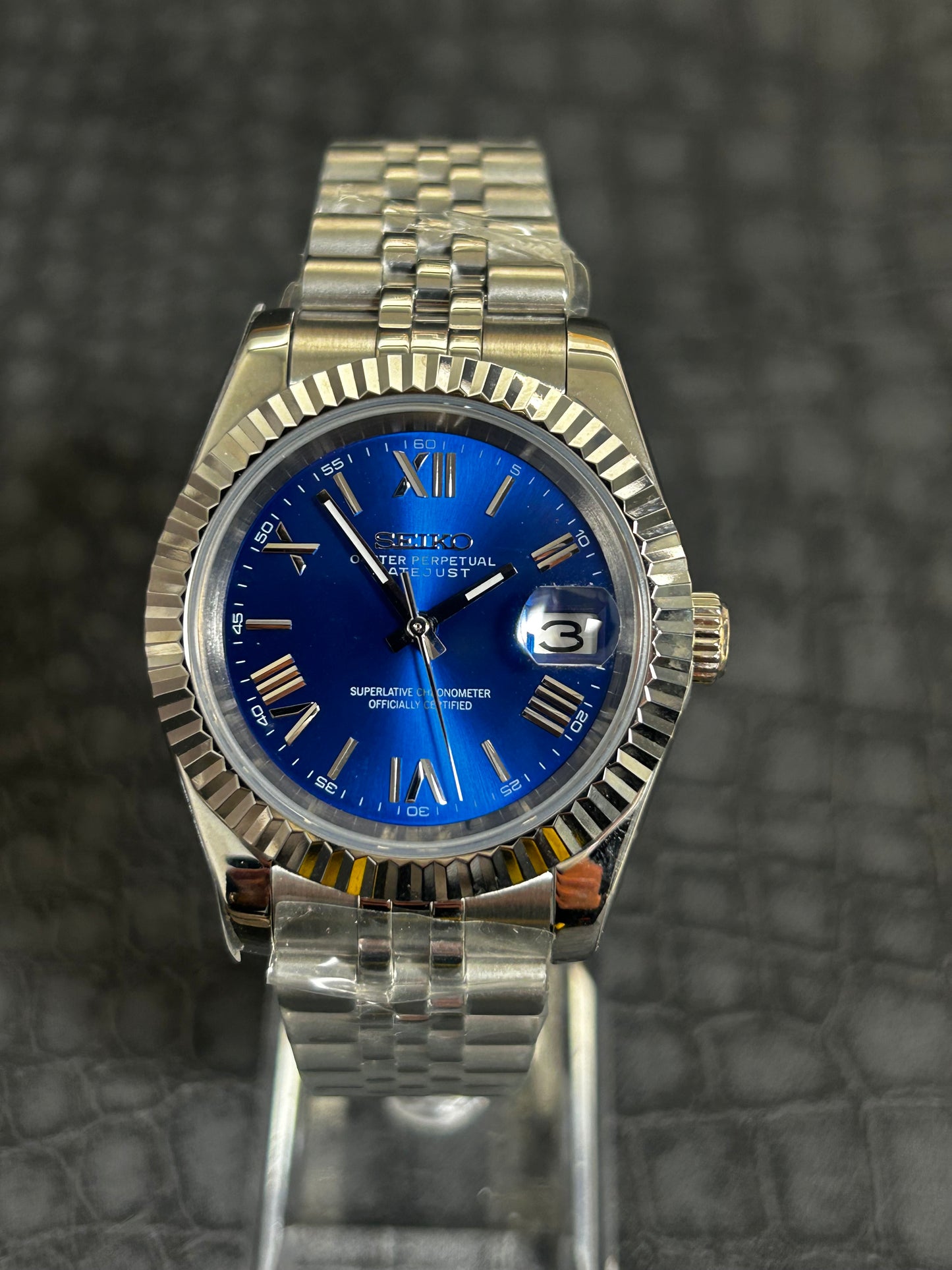 Seiko mod Midnight blue holographic Roman dial Presidential custom watch