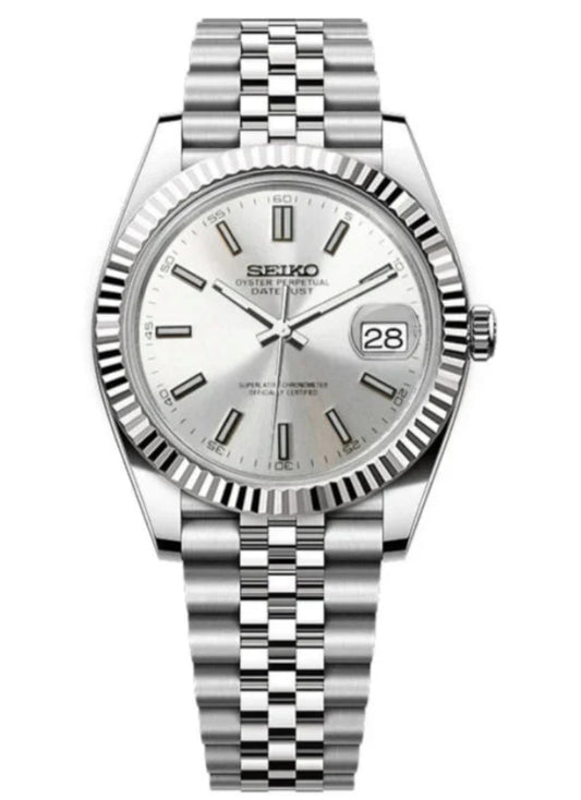 Seikojust mod silver white oyster perpetual seikojust dial jubilee open back