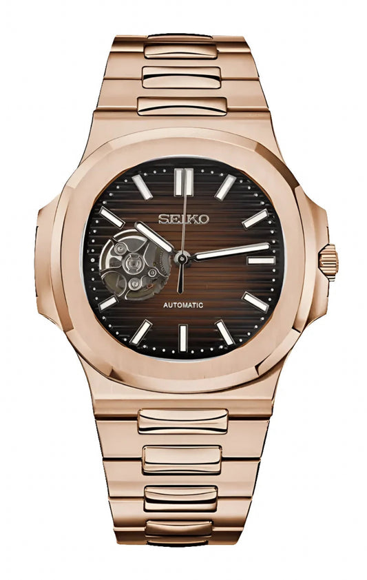 Seiko mod Nautiko Rose Gold Open Heart Chocolate Dial