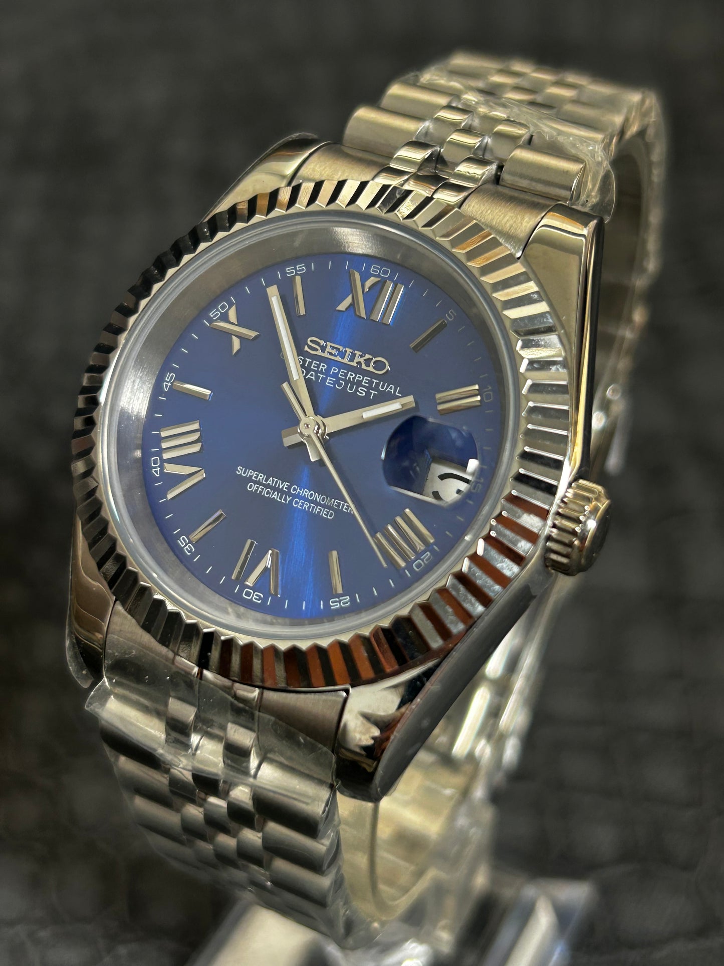 Seiko mod Midnight blue holographic Roman dial Presidential custom watch