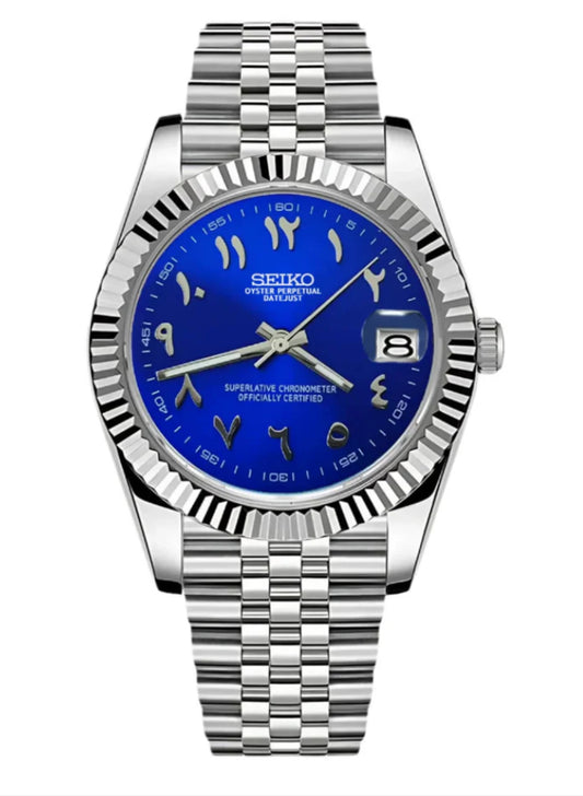 Seiko mod blue Arabic holographic dial jubilee open back