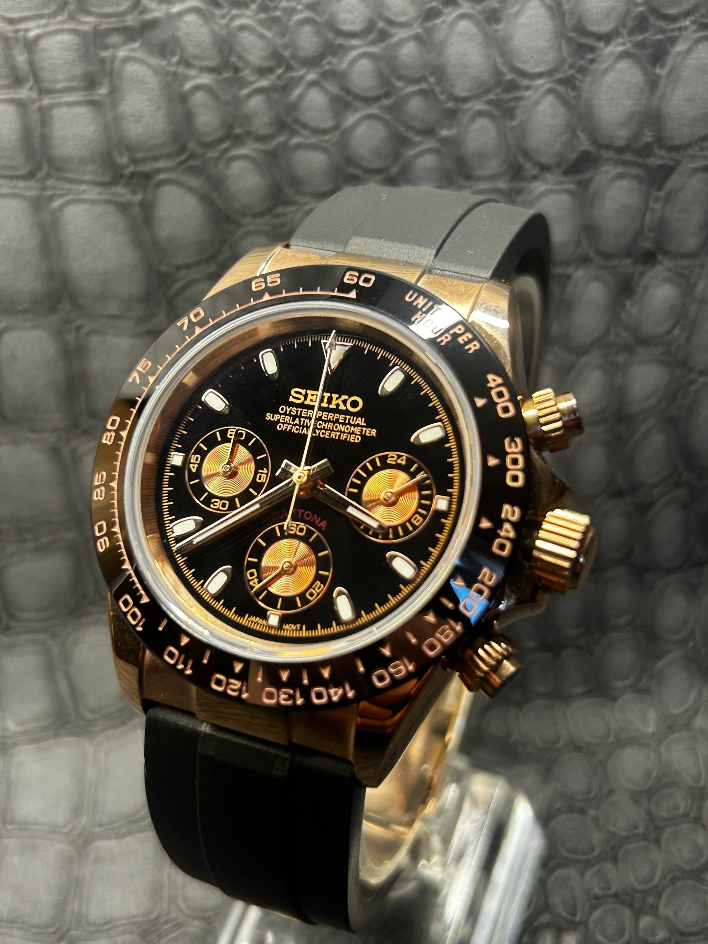 Seikotona rose gold black watch oyster flex strap