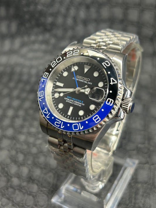 Seiko mod Batman, Batgirl Jubilee GMT Open Back Stainless Steel Watch