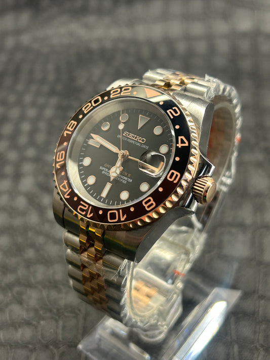 Seiko mod Rootbeer 2Tone GMT rose gold jubilee stainless steel