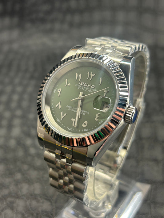Seiko mod Olive Arabic Dial jubilee Custom stainless steel watch