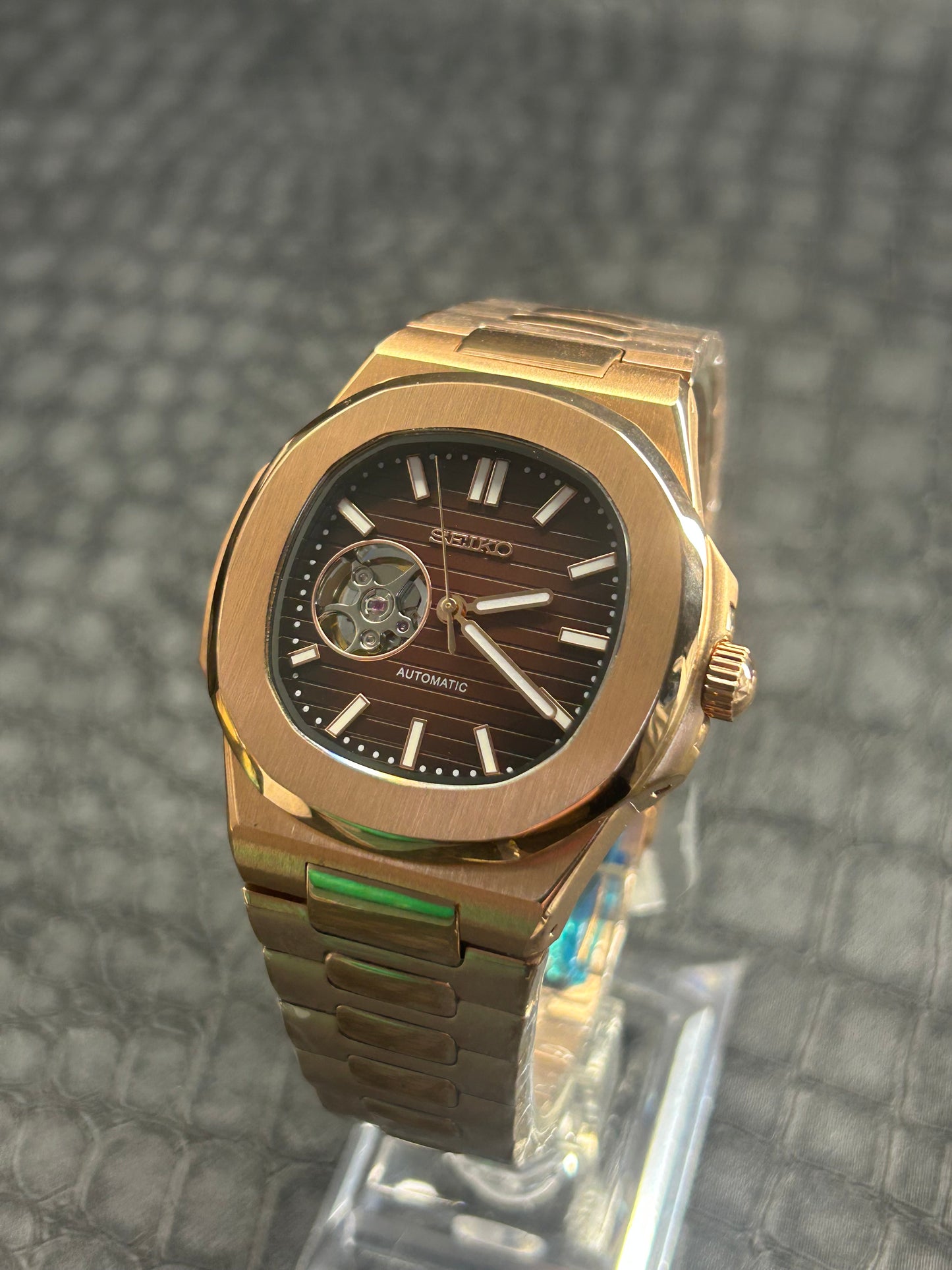 Seiko mod Nautiko Rose Gold Open Heart Chocolate Dial