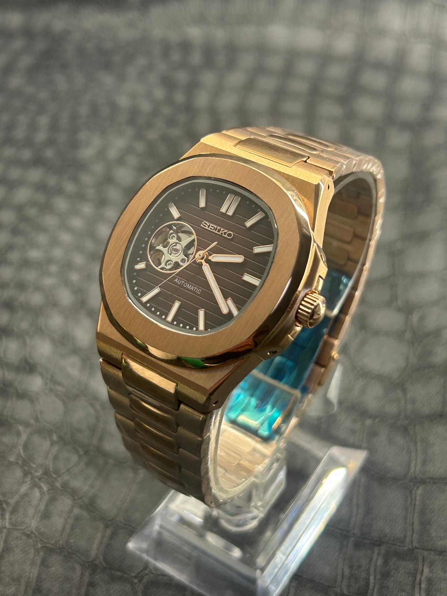 Seiko mod Nautiko Rose Gold Open Heart Chocolate Dial