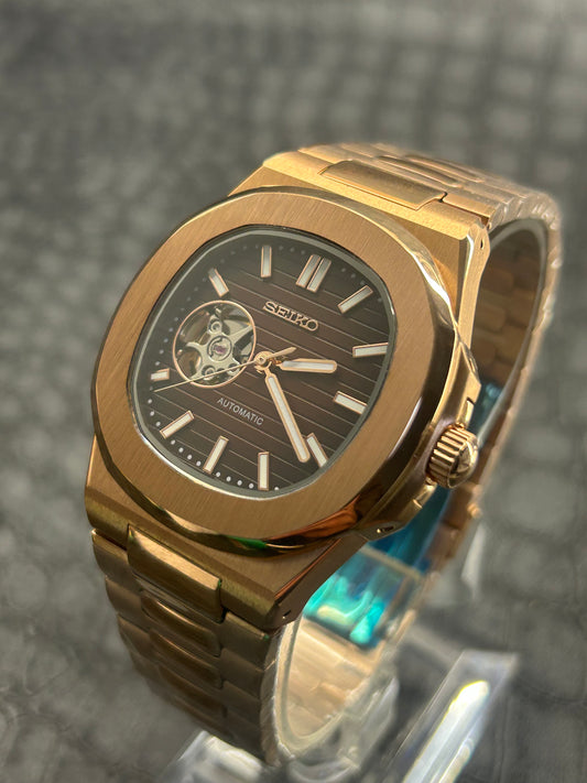Seiko mod Nautiko Rose Gold Open Heart Chocolate Dial
