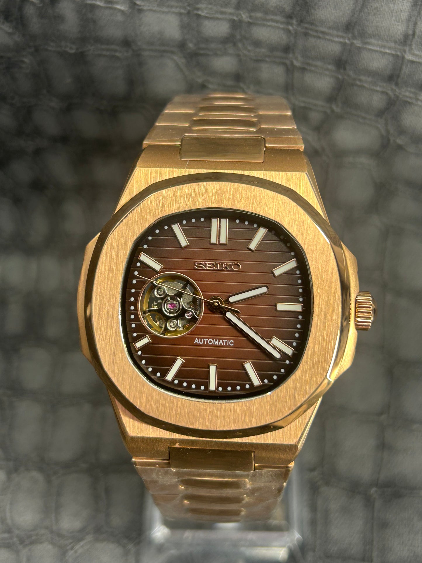 Seiko mod Nautiko Rose Gold Open Heart Chocolate Dial