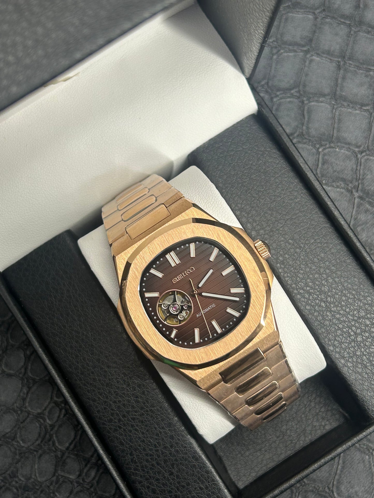 Seiko mod Nautiko Rose Gold Open Heart Chocolate Dial