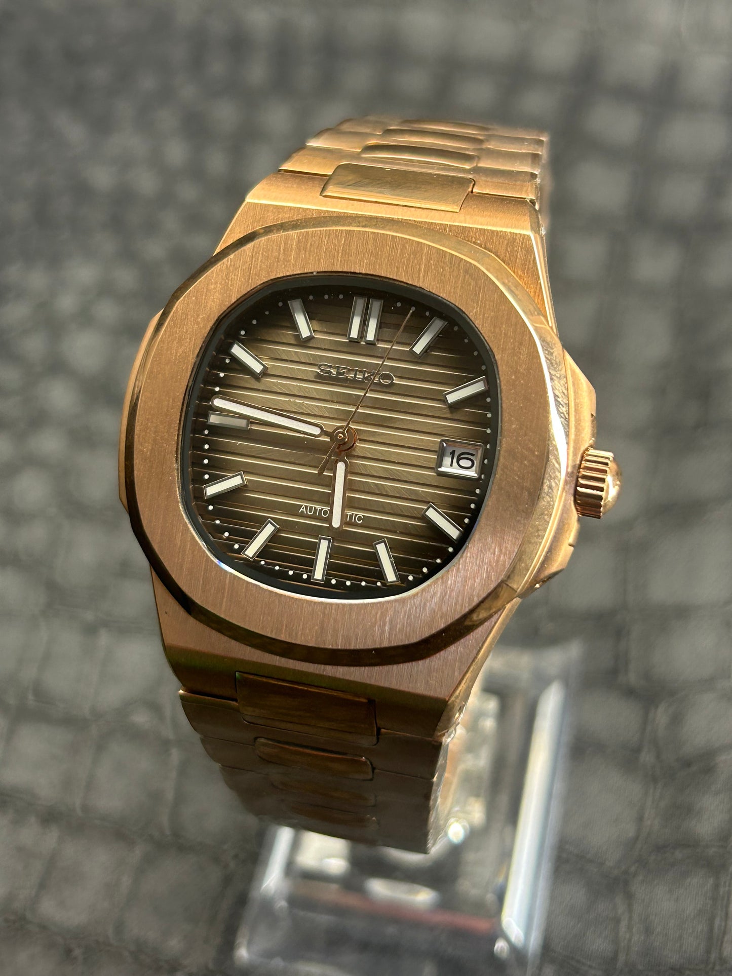 Seiko Mod Rose Gold Nautiko Stainless Steel Open Back Custom Watch