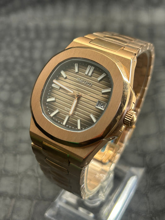 Seiko Mod Rose Gold Nautiko Stainless Steel Open Back Custom Watch